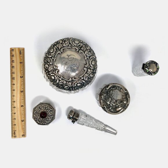 Antique Victorian Cut Crystal With Sterling Silver Lids Collection - Picture 2 of 9